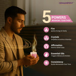 Man holding Self Love candle with glowing energy, showing five manifestation powers.