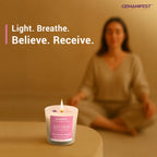 Self Love manifestation candle placed in front of meditating person.