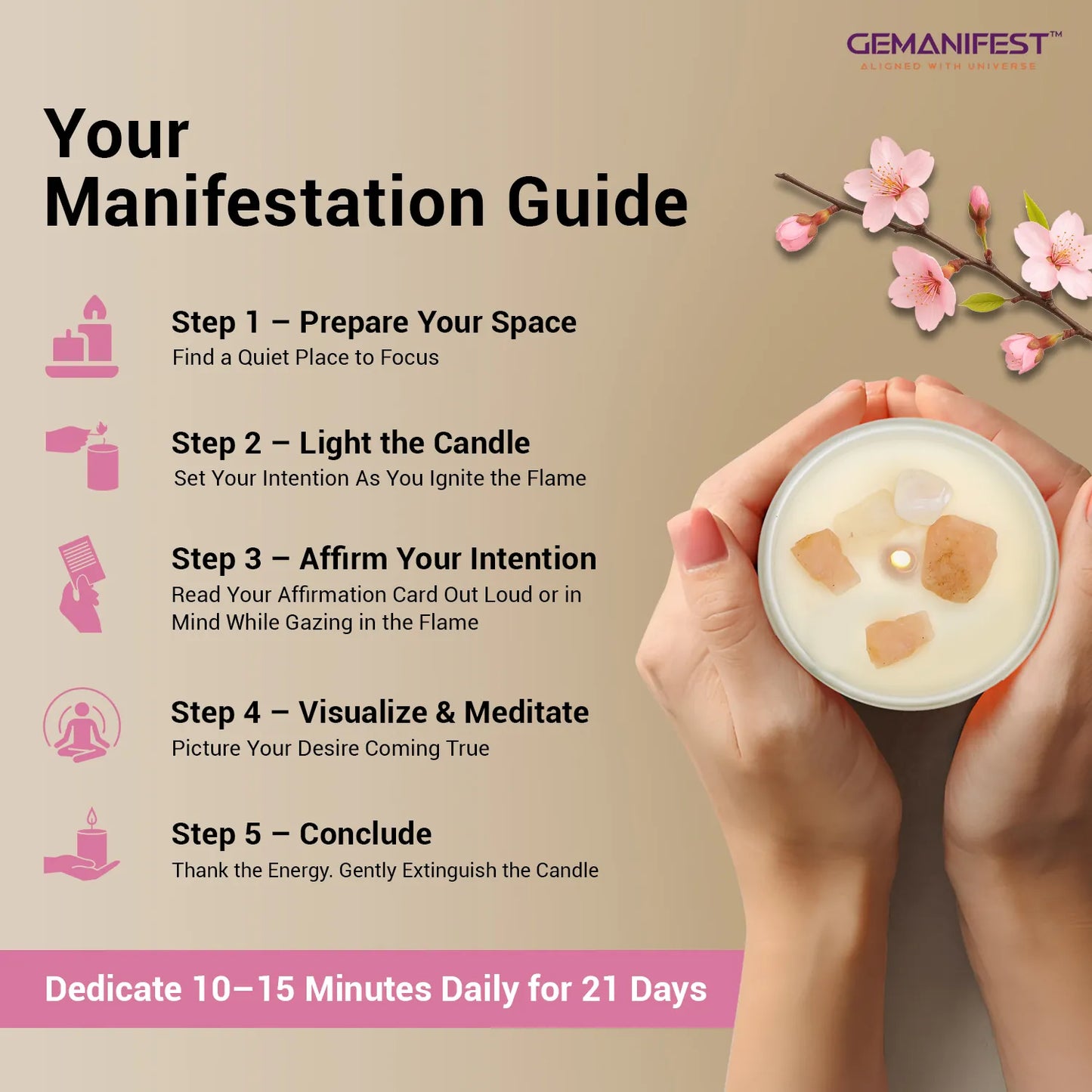 Step-by-step manifestation guide for using Self Love crystal candle.