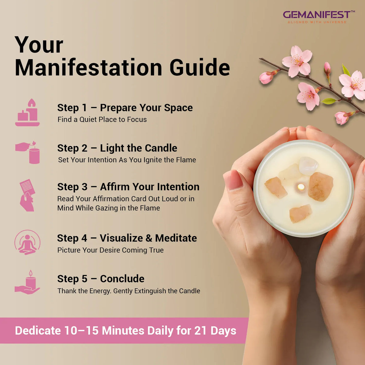 Step-by-step manifestation guide for using Self Love crystal candle.