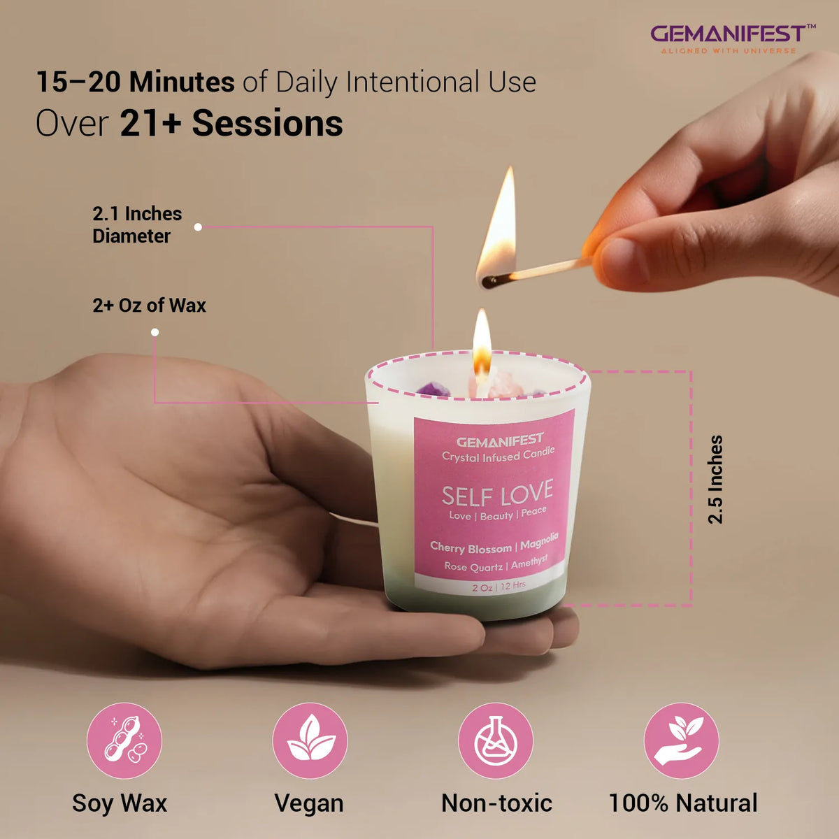 Self Love crystal infused candle with dimensions, soy wax, vegan, and natural use.