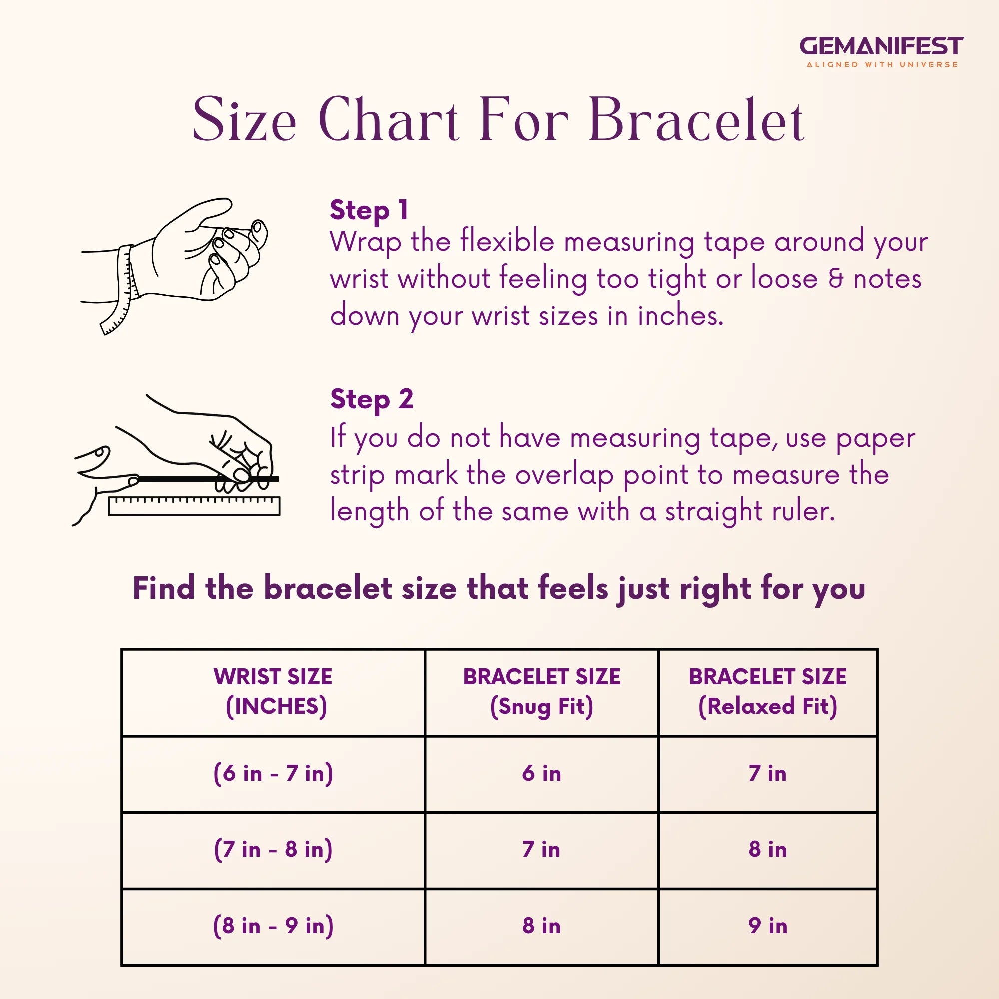 Size chart for bracelet with measurement instructions and Gemanifest branding.