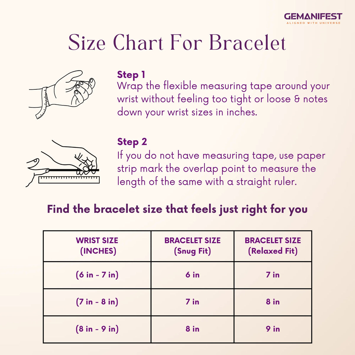 Size chart for bracelet with measurement instructions and Gemanifest branding.