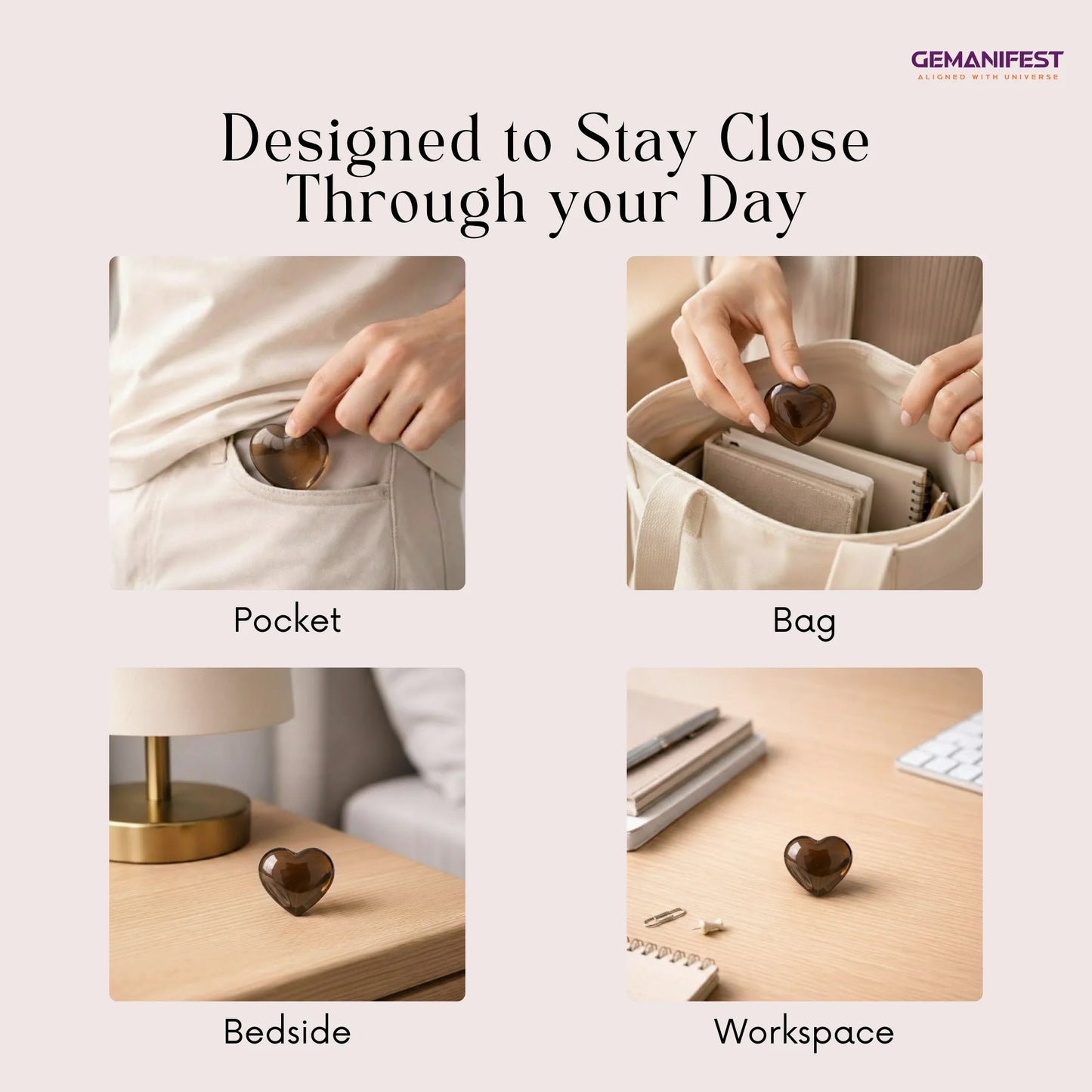 Product shown in various settings with text 'Designed to Stay Close Through your Day' and brand name 'GEMANIFEST'.