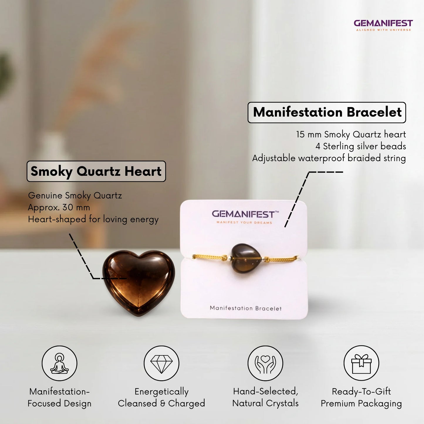 Gemanifest Smoky Quartz Heart bracelet with packaging on a light background