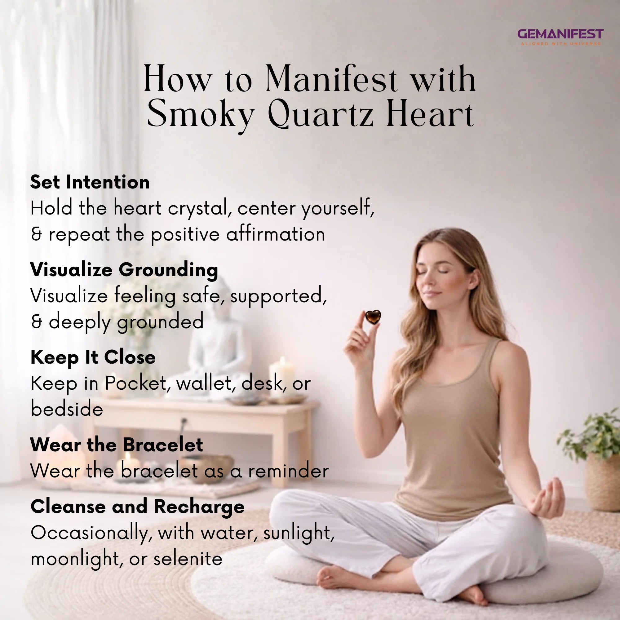 Woman meditating with smoky quartz heart crystal, surrounded by text on manifesting with the crystal.