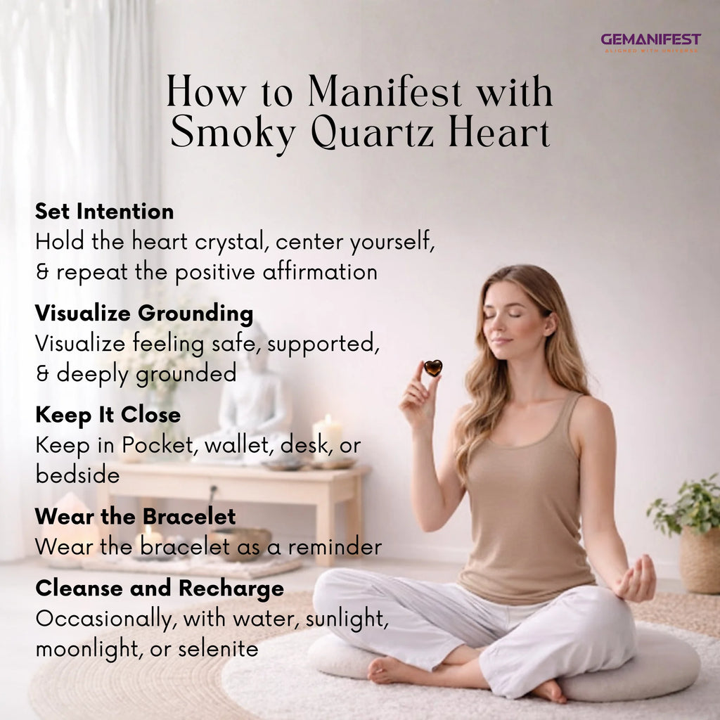 Woman meditating with smoky quartz heart crystal, surrounded by text on manifesting with the crystal.