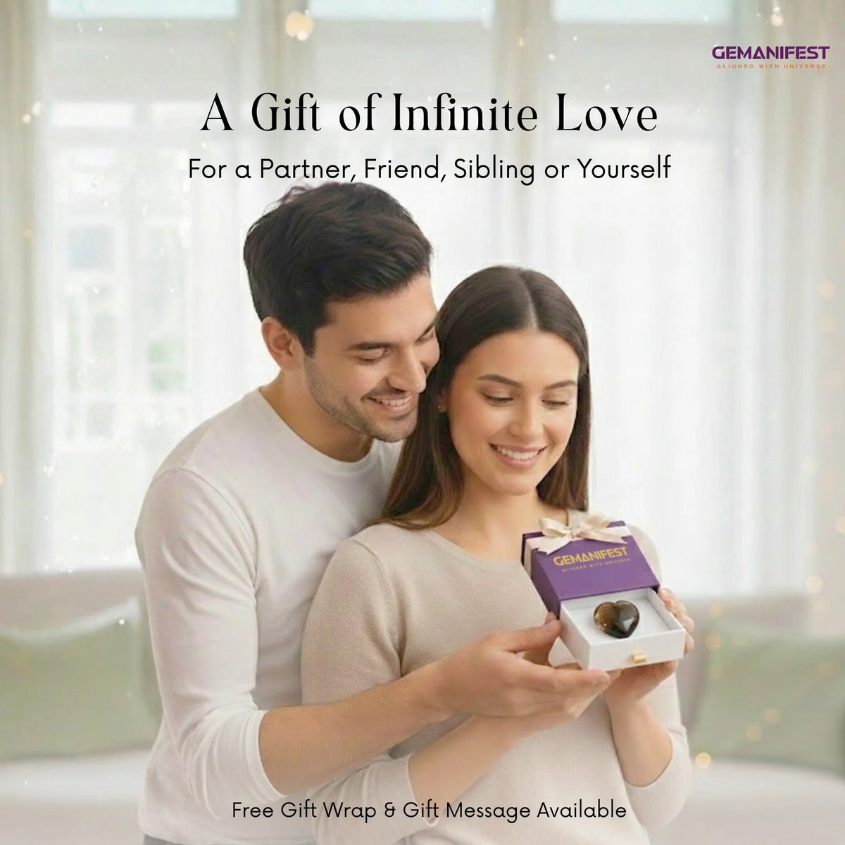 Couple holding a GEMANIFEST product with text about infinite love and free gift wrap.