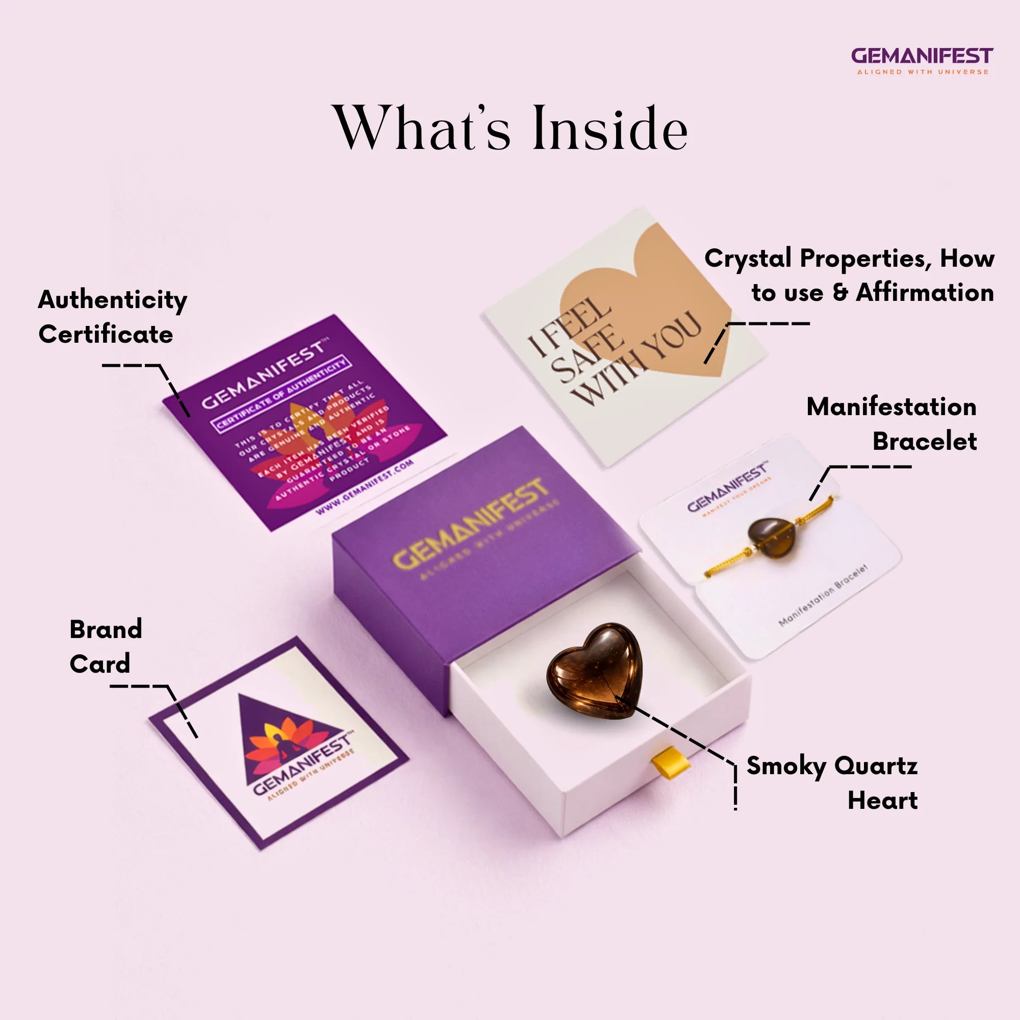 GEMANIFEST product set with heart-shaped crystal, brand card, and authenticity certificate on a white background.