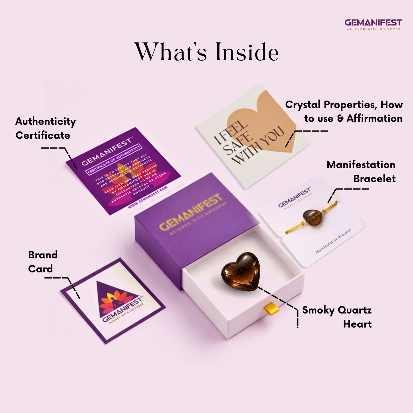 GEMANIFEST product set with heart-shaped crystal, brand card, and authenticity certificate on a white background.