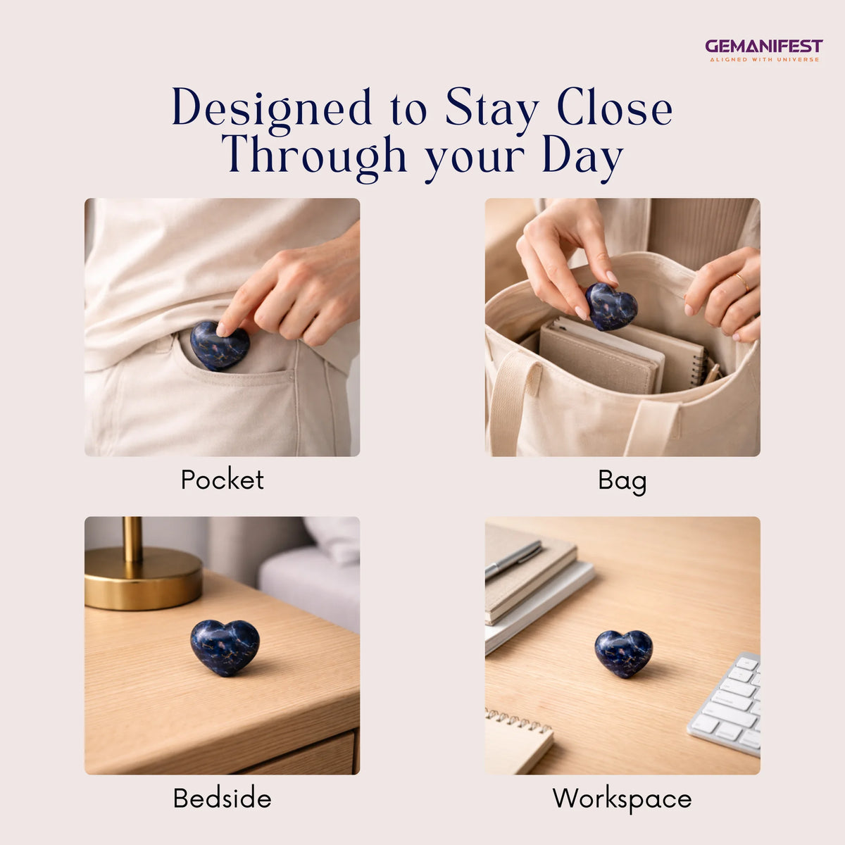 Sodalite being used in various settings with 'GEMANIFEST' branding.