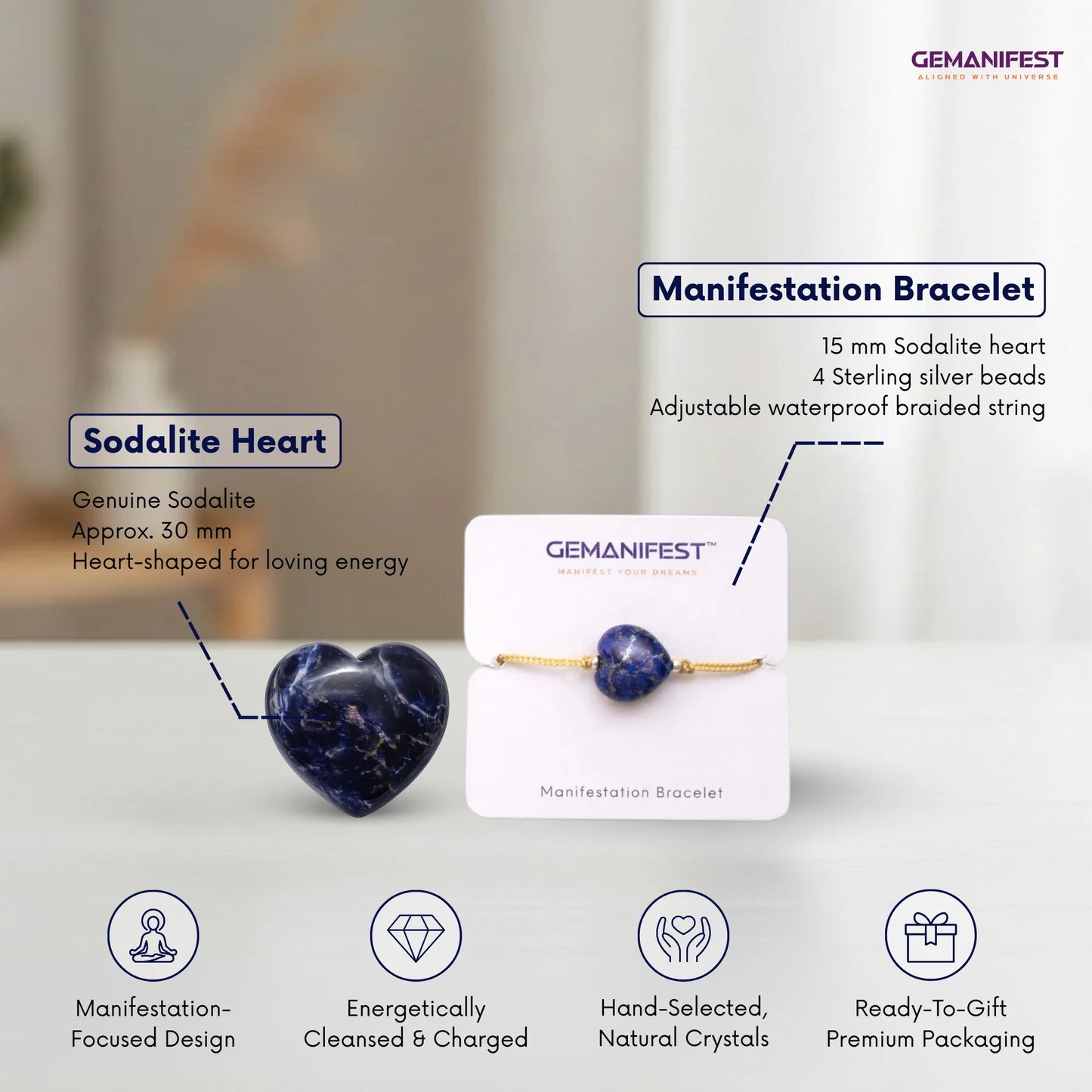 Gemanifest manifestation bracelet with sodalite heart on a white card, featuring product details.