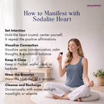 Woman meditating with a Sodalite, accompanied by text on manifesting with sodalite heart crystals.