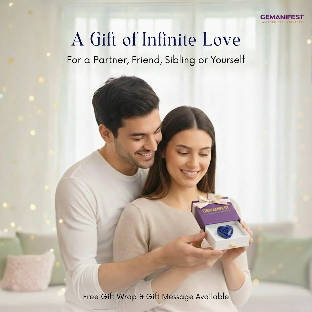 Couple holding a GEMANIFEST product with text about free gift wrap available.