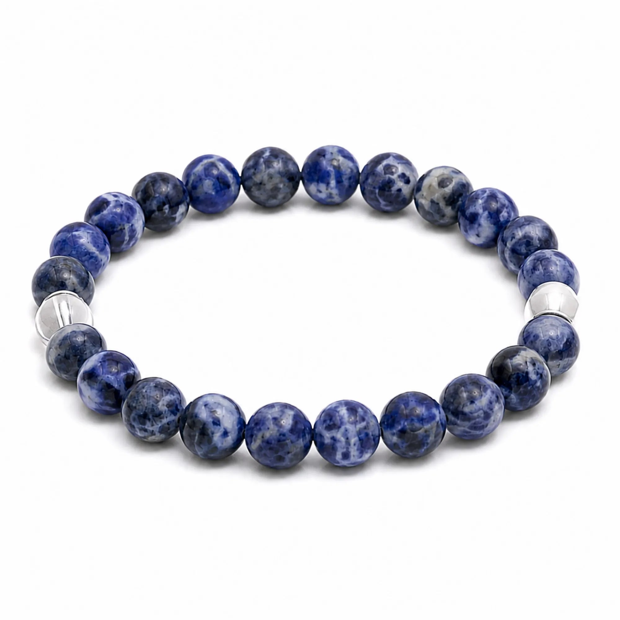 Blue beaded bracelet with silver accents on a white background