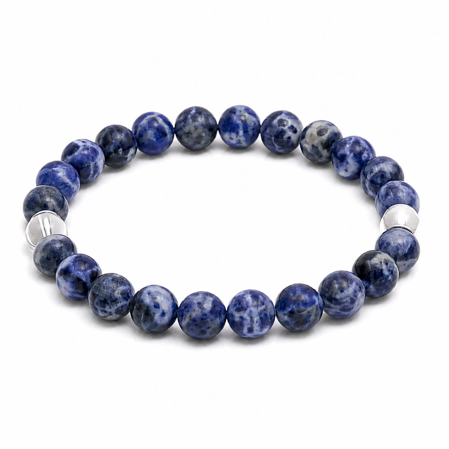 Blue beaded bracelet with silver accents on a white background