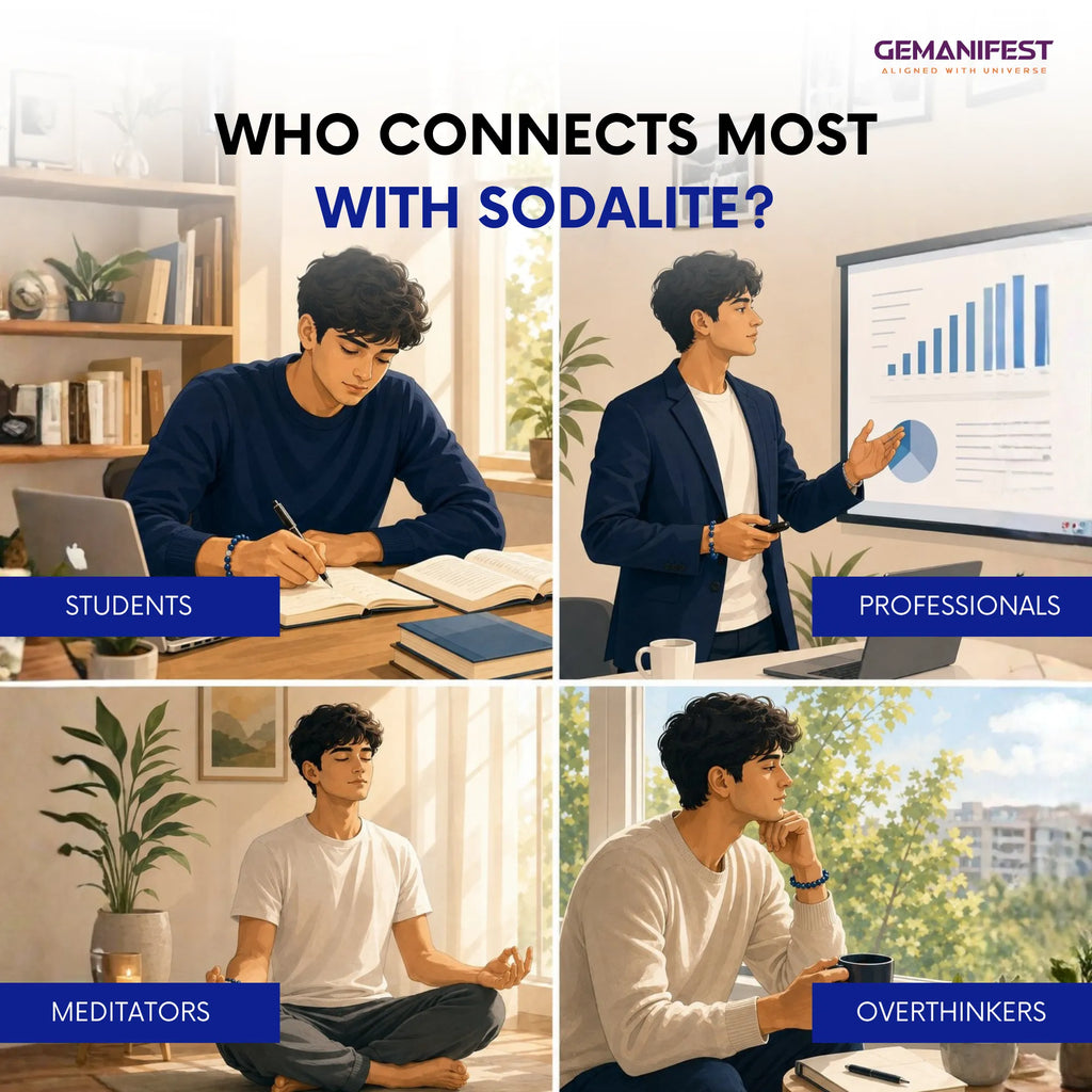 Collage of a man in different settings with text asking who connects most with Sodalite, labeled as Students, Professionals, Meditators, and Overthinkers.