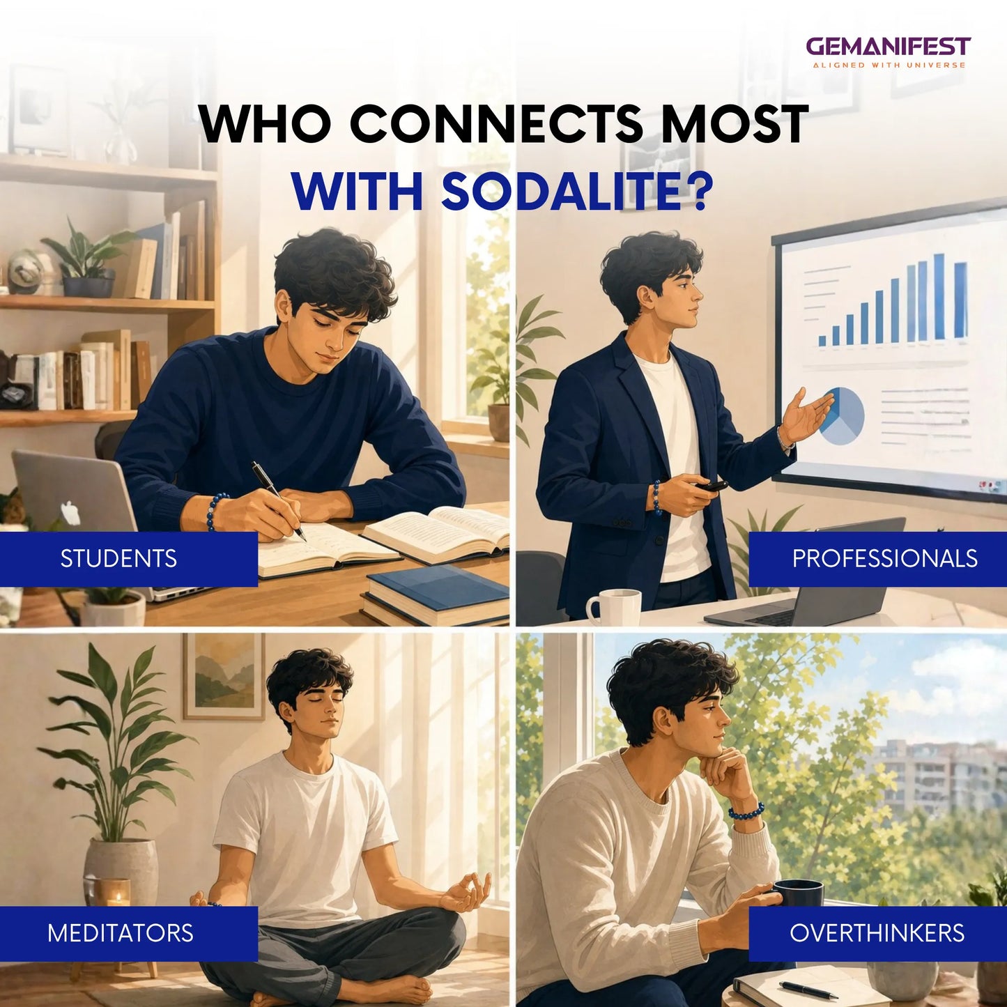 Collage of a man in different settings with text asking who connects most with Sodalite, labeled as Students, Professionals, Meditators, and Overthinkers.