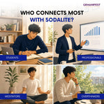 Collage of a man in different settings with text asking who connects most with Sodalite, labeled as Students, Professionals, Meditators, and Overthinkers.