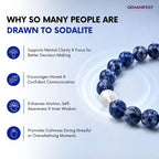 GEMANIFEST sodalite bracelet with benefits listed on a light blue background