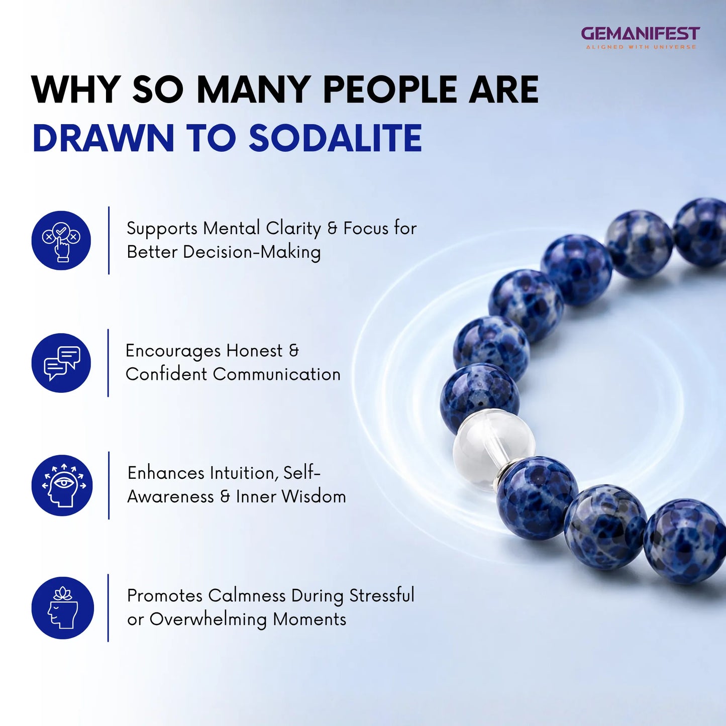 GEMANIFEST sodalite bracelet with benefits listed on a light blue background