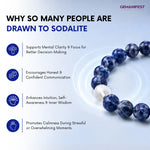 GEMANIFEST sodalite bracelet with benefits listed on a light blue background