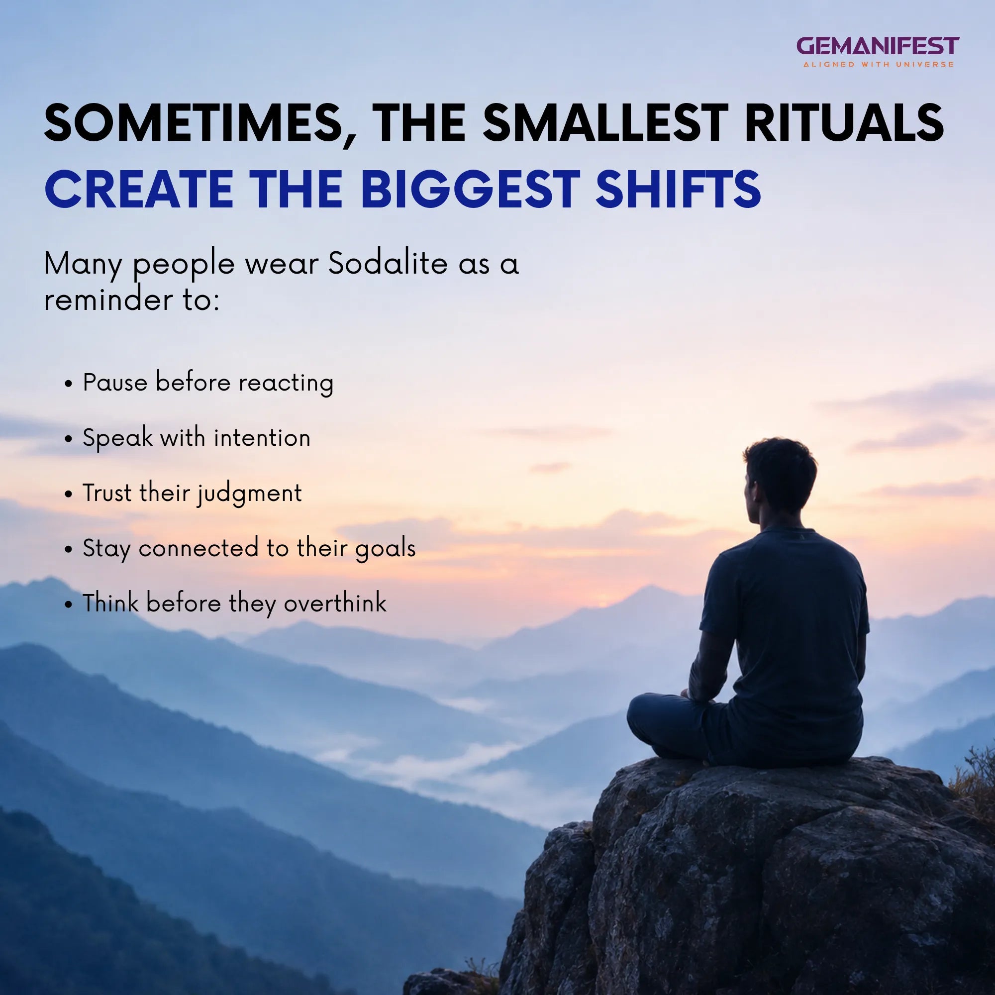 Person sitting on a mountain with text about Sodalite and its benefits