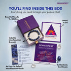 Gemanifest product set with bracelet, box, brand card, and guide on a light blue background
