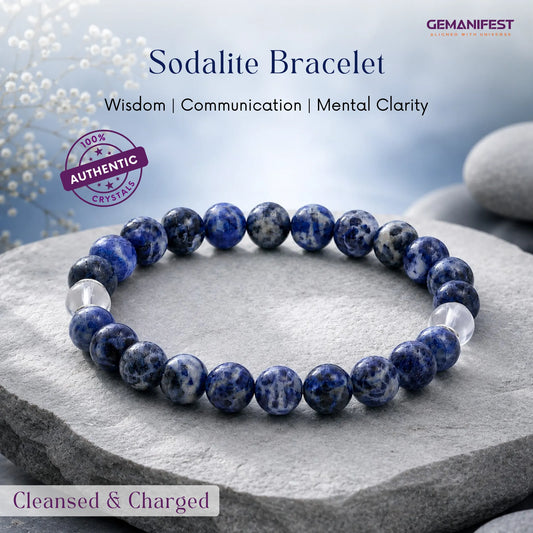 Sodalite bracelet on a stone surface with GEMANIFEST branding and product details.