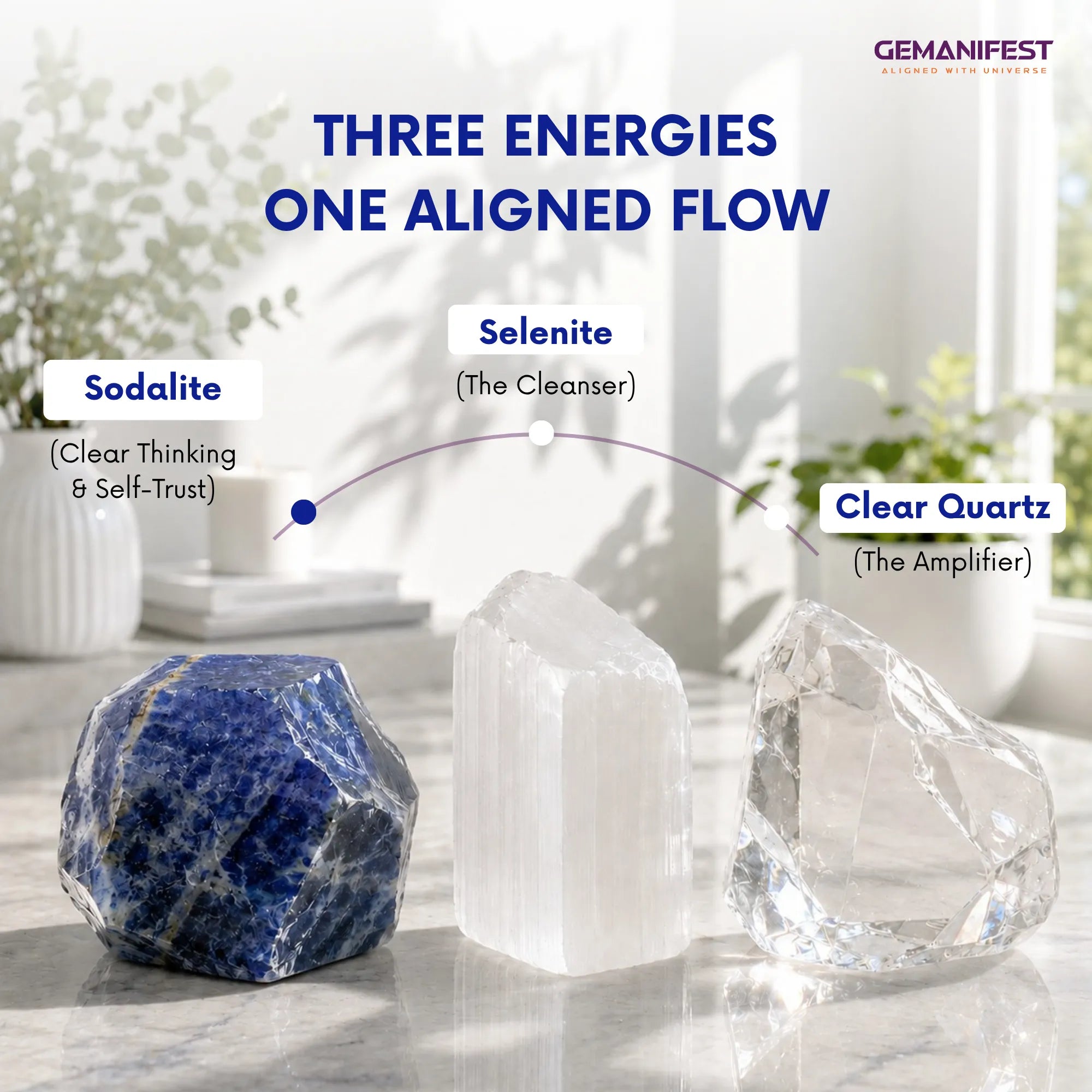 Three crystals (Sodalite, Selenite, Clear Quartz) with their respective energies on a marble surface.