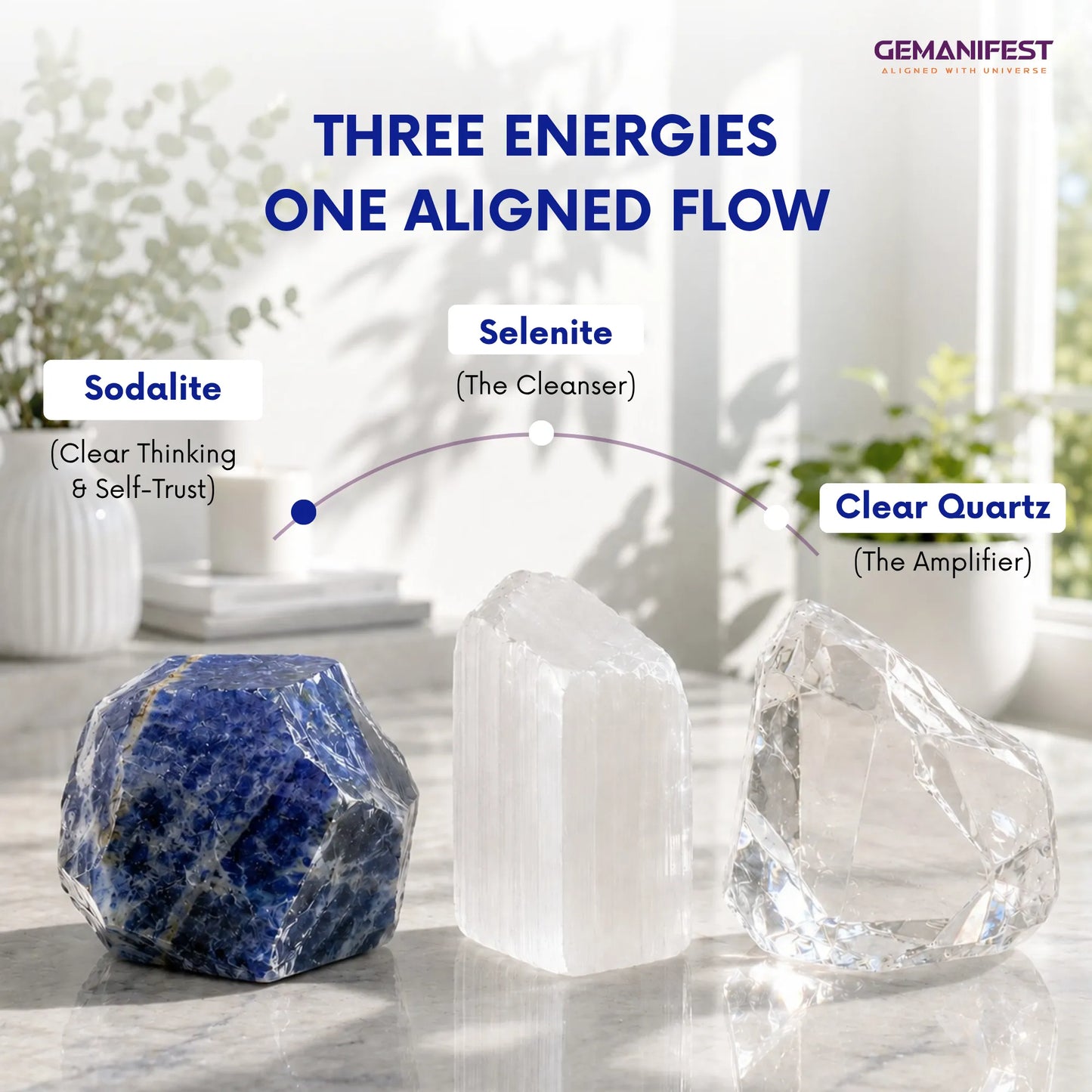 Three crystals (Sodalite, Selenite, Clear Quartz) with their respective energies on a marble surface.