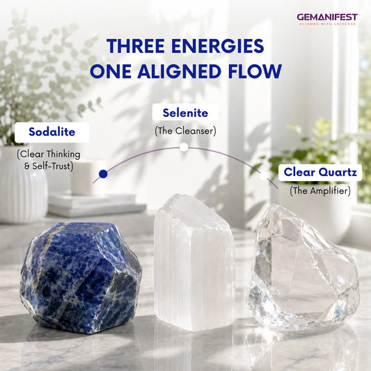 Sodalite bracelet on a stone surface with GEMANIFEST branding and product details.
