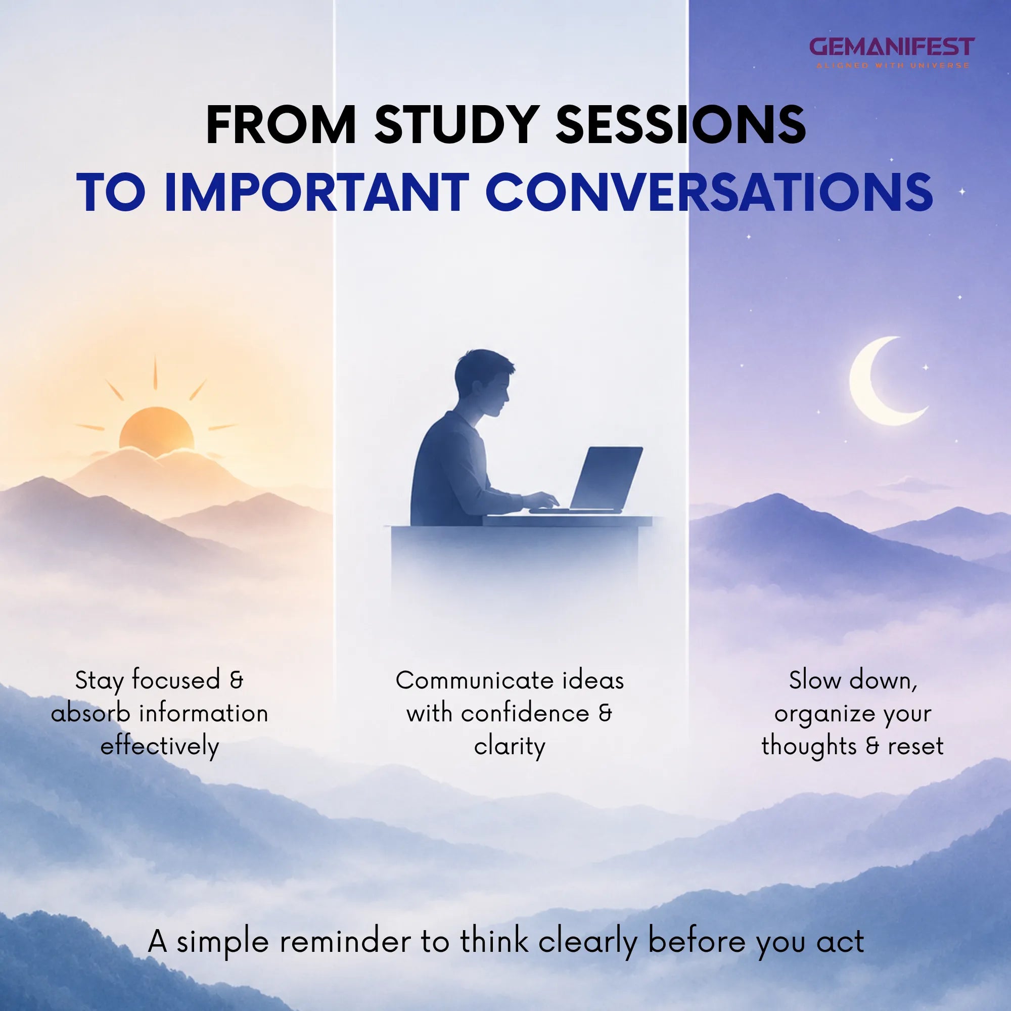 Person working on a laptop with mountain scenery, text about study sessions and conversations, and GEMANIFEST branding.