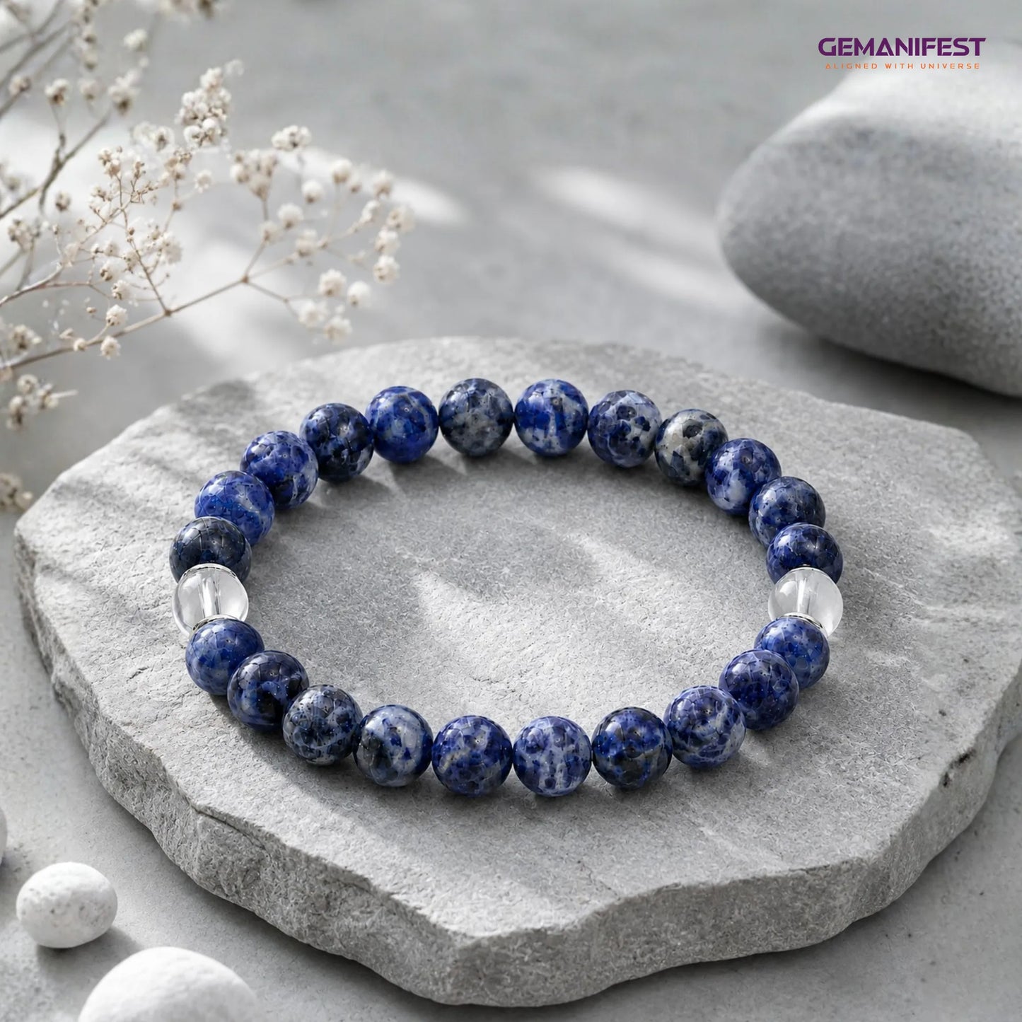 Blue beaded bracelet on a stone surface with 'GEMANIFEST' branding.