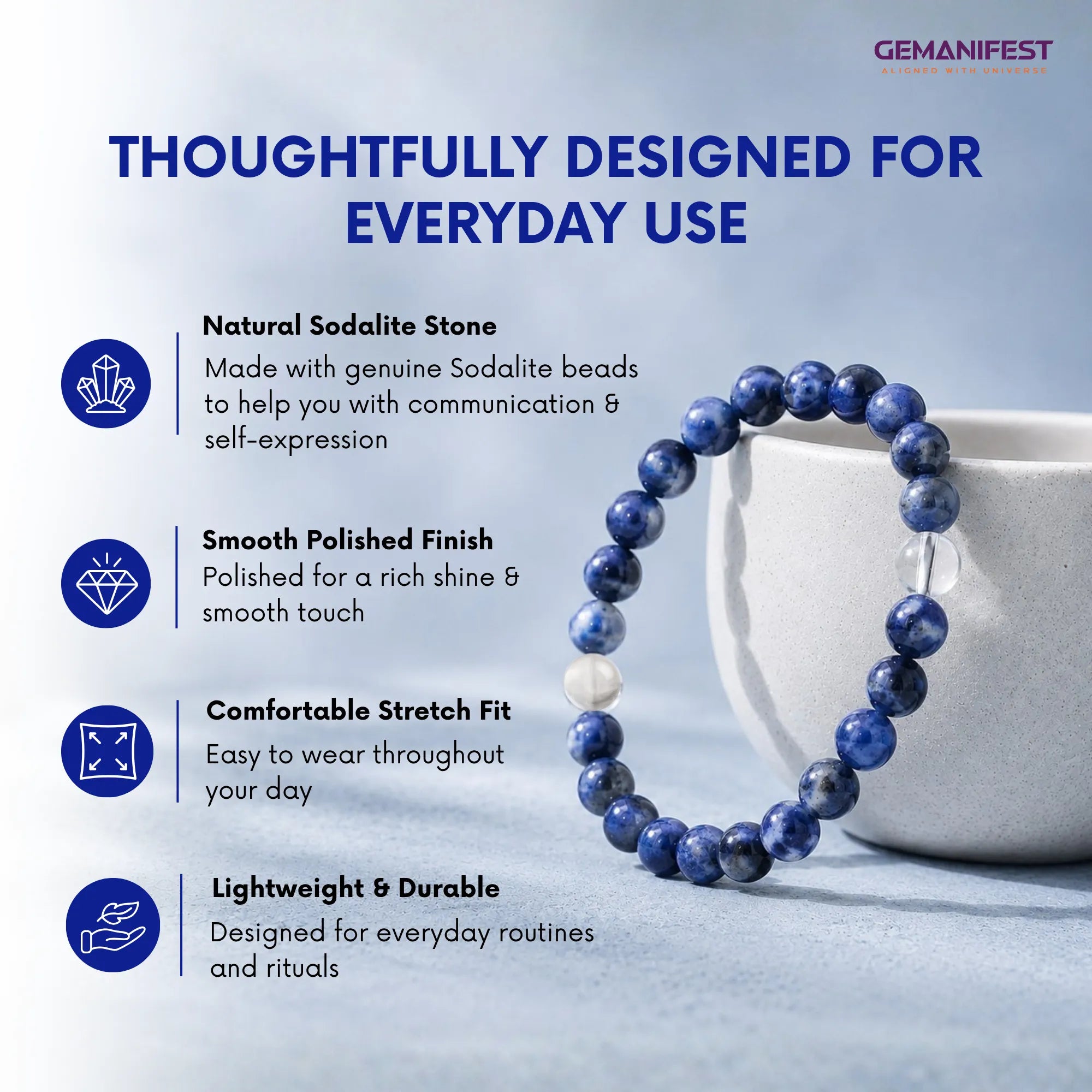 Blue beaded bracelet with text about its features on a light blue background