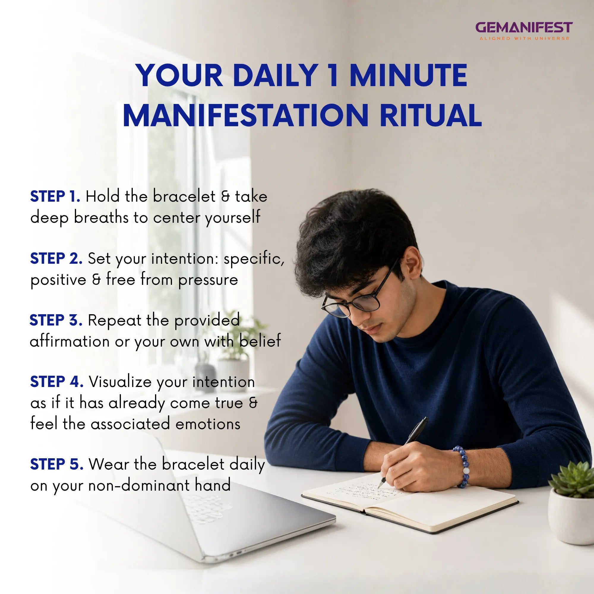Person sitting at a desk with a laptop and notebook, wearing a bracelet, with text about a daily manifestation ritual.