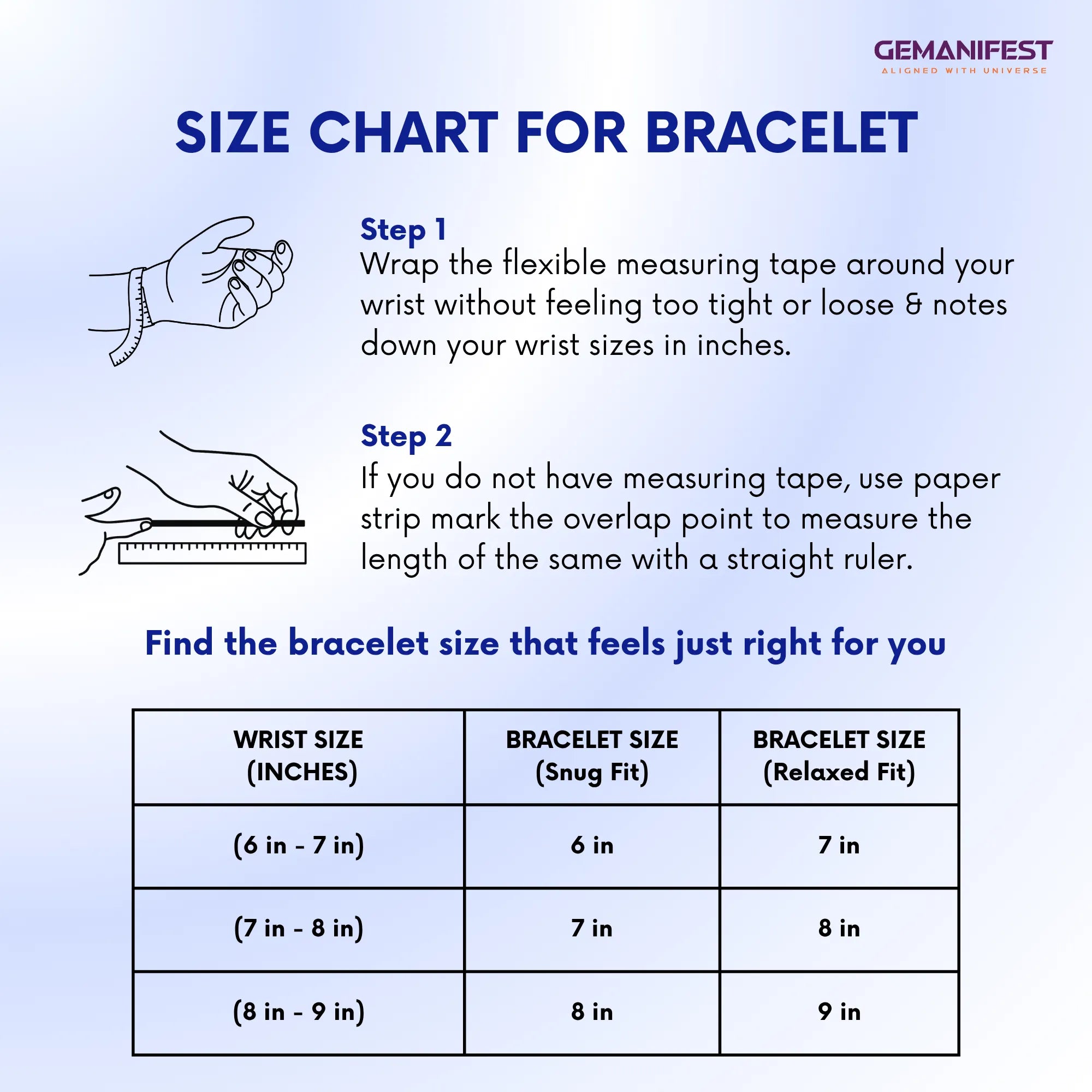 Size chart for bracelet with measurement instructions and Gemanifest branding.