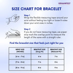 Size chart for bracelet with measurement instructions and Gemanifest branding.