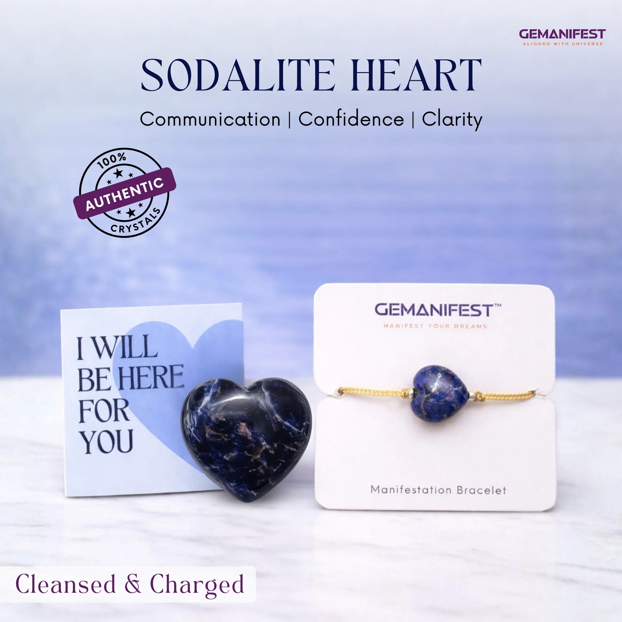 Sodalite heart crystal and bracelet on display with GEMANIFEST branding.