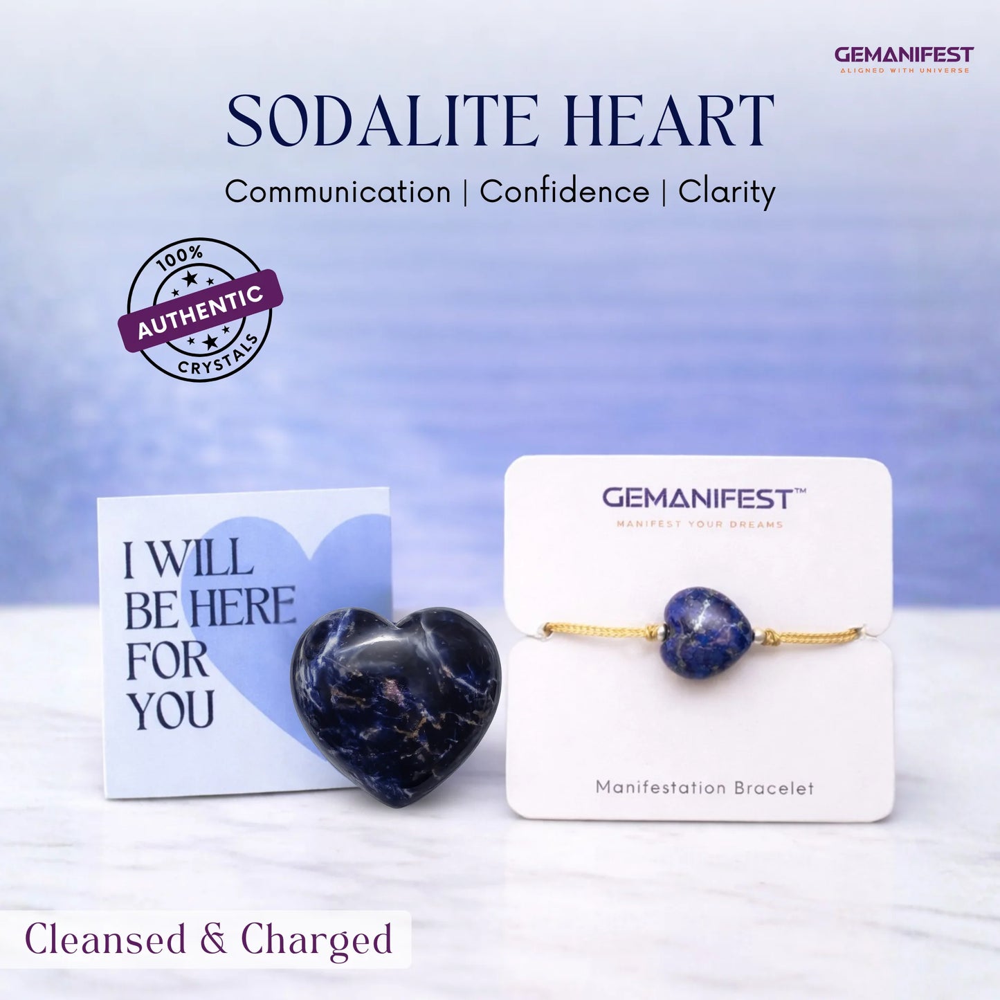 Sodalite heart crystal and bracelet on display with GEMANIFEST branding.