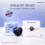 Sodalite heart crystal and bracelet on display with GEMANIFEST branding.