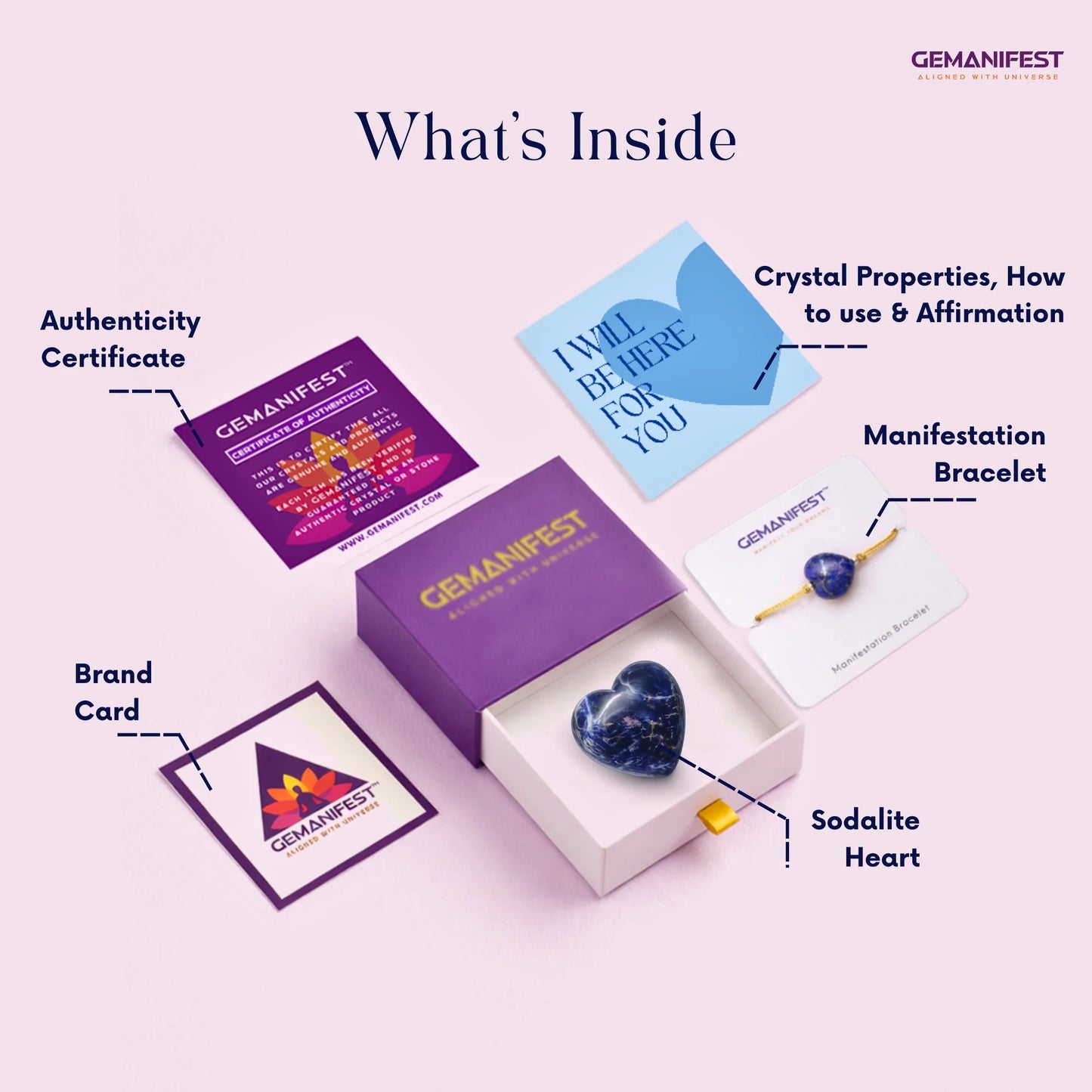 GEMANIFEST product packaging with crystal heart, bracelet, and cards on a light purple background