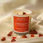 Strength Manifestation Candle with Carnelian & Red Jasper Crystals for Energy & Motivation.