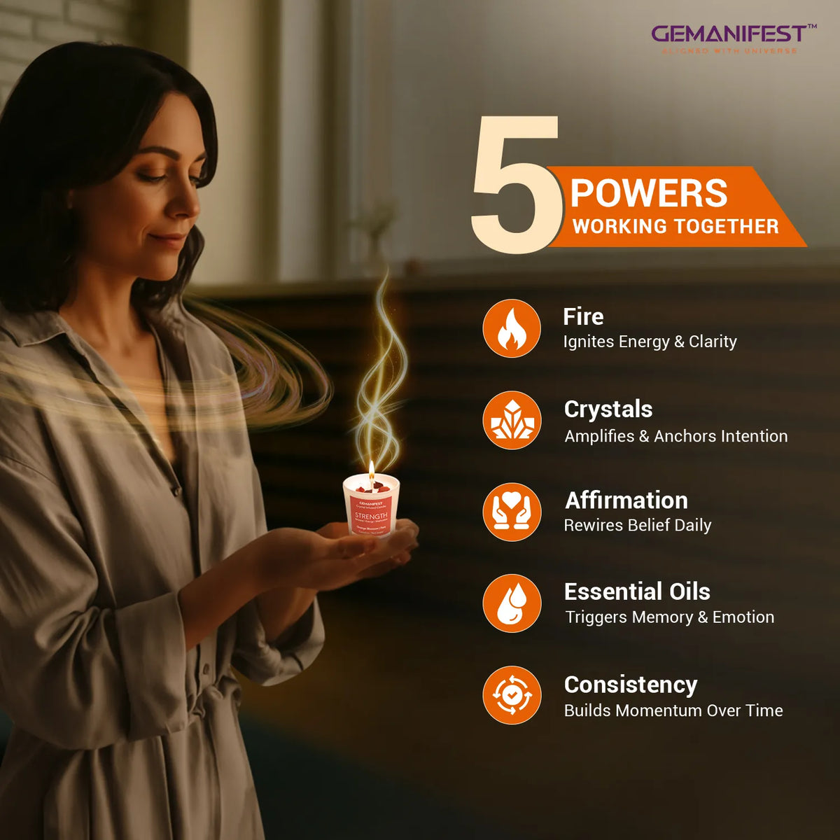 Woman holding lit Strength
candle with glowing manifestation energy.
