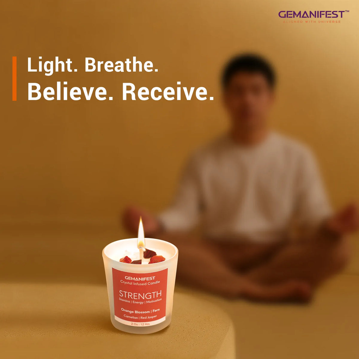 Strength candle with meditation background for mindfulness and focus.