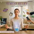 Woman meditating with various items around her promoting stress relief and relaxation.