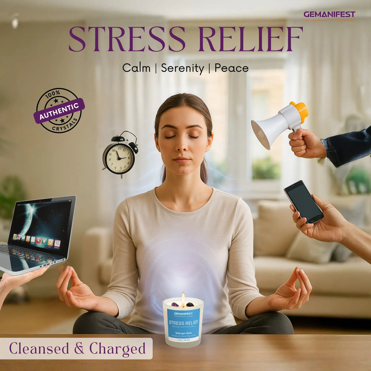Woman meditating with various items around her promoting stress relief and relaxation.