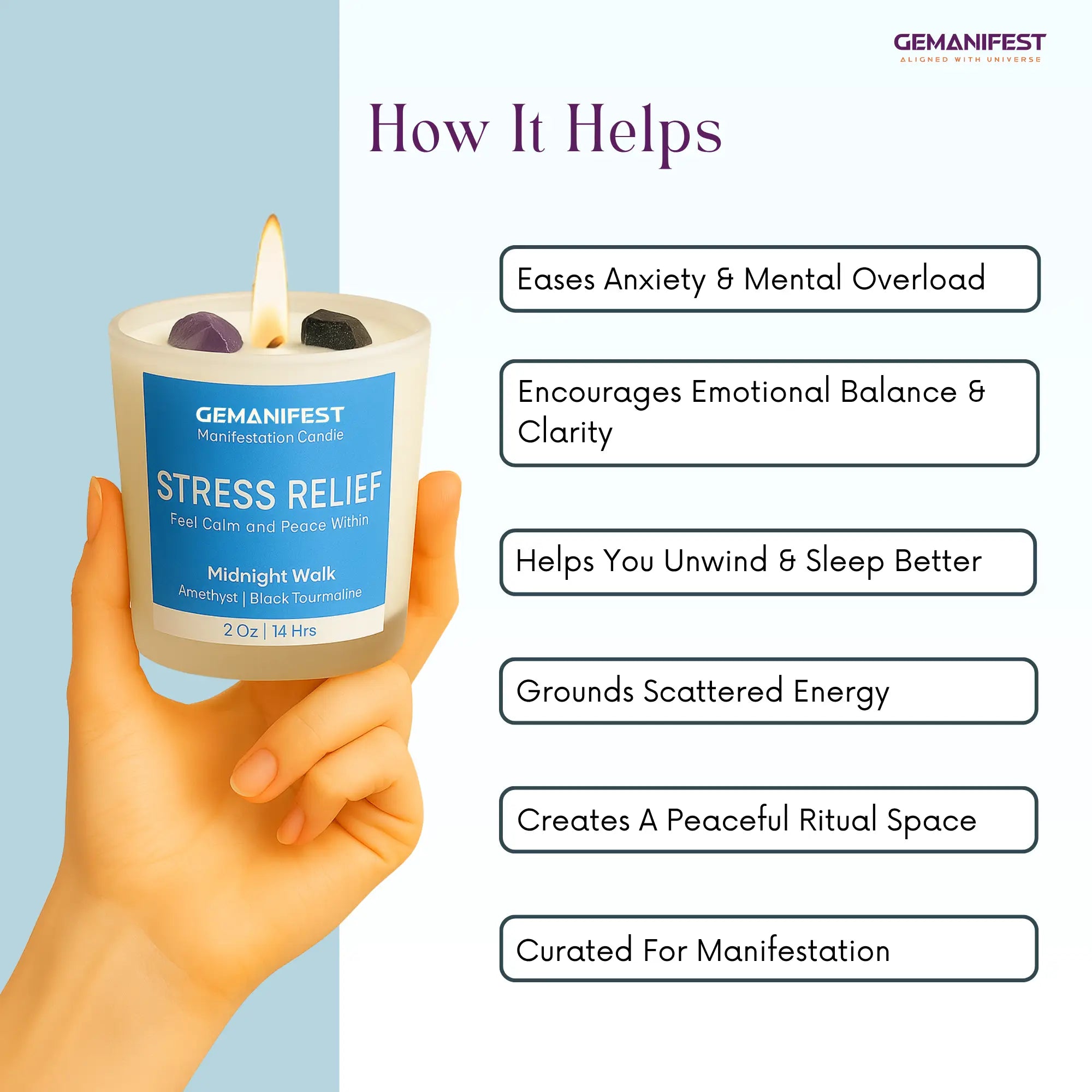 GEMANIFEST stress relief candle held by a hand with benefits listed on a light blue background