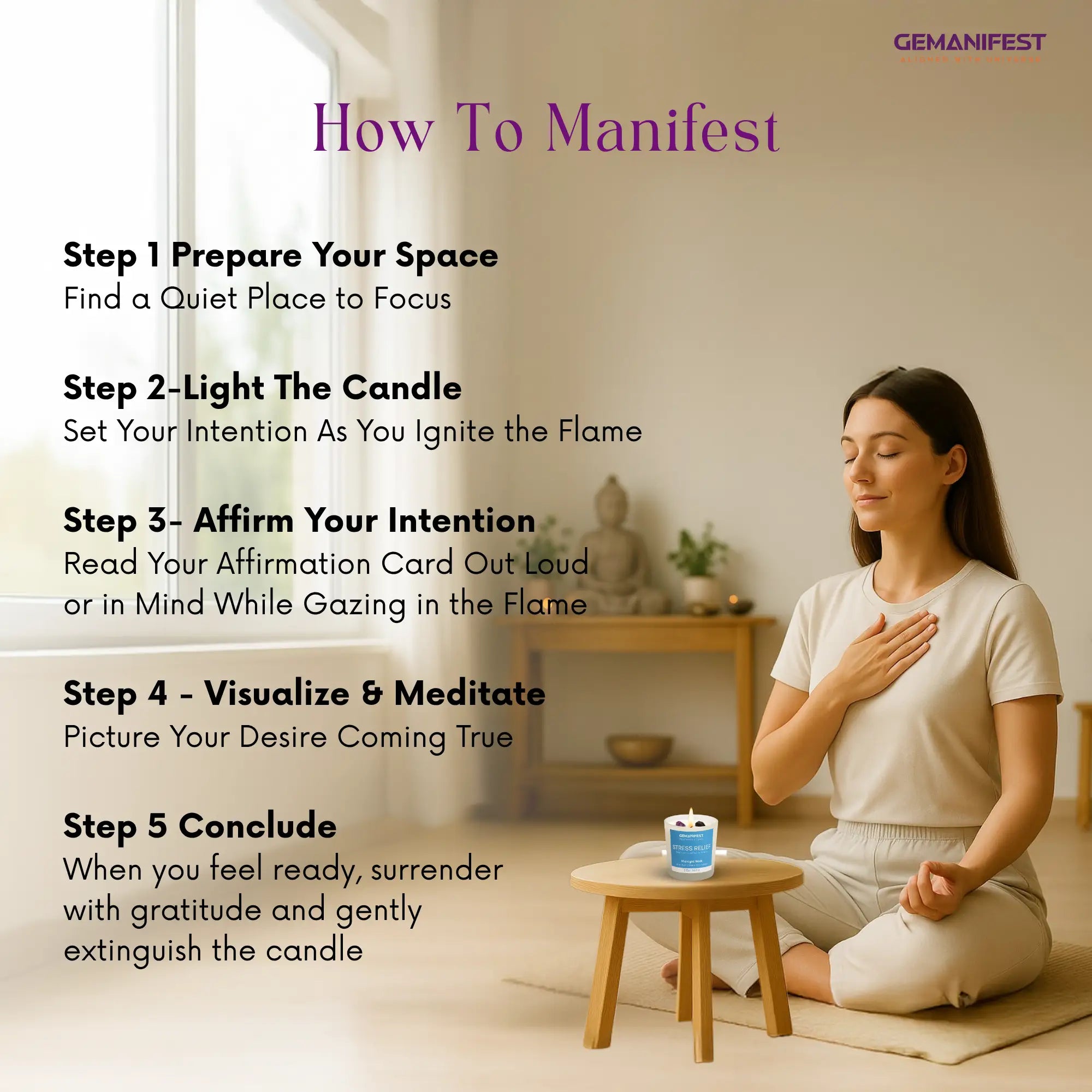 Woman meditating with a Stress Relief candle in a peaceful room, accompanied by steps on how to manifest.