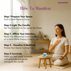 Woman meditating with a Stress Relief candle in a peaceful room, accompanied by steps on how to manifest.